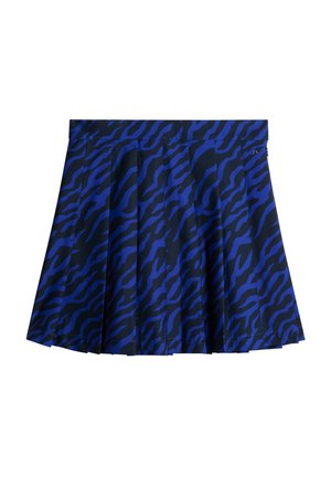 Blauer und schwarzer, plissierter Rock mit einem Tigerstreifenmuster, Taillenbund oben und einem glatten, strukturierten Stoff.