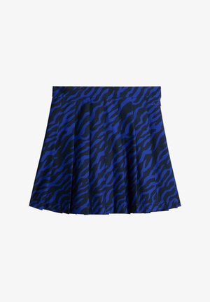 Gonna plissettata blu e nera con un motivo a strisce di tigre, elastico in vita e un tessuto liscio e strutturato.