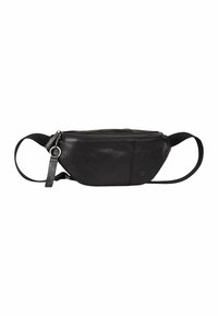 Marsupio in pelle nera con una texture liscia, forma curvata, chiusura con zip e tracolla regolabile, con un piccolo logo su un lato.
