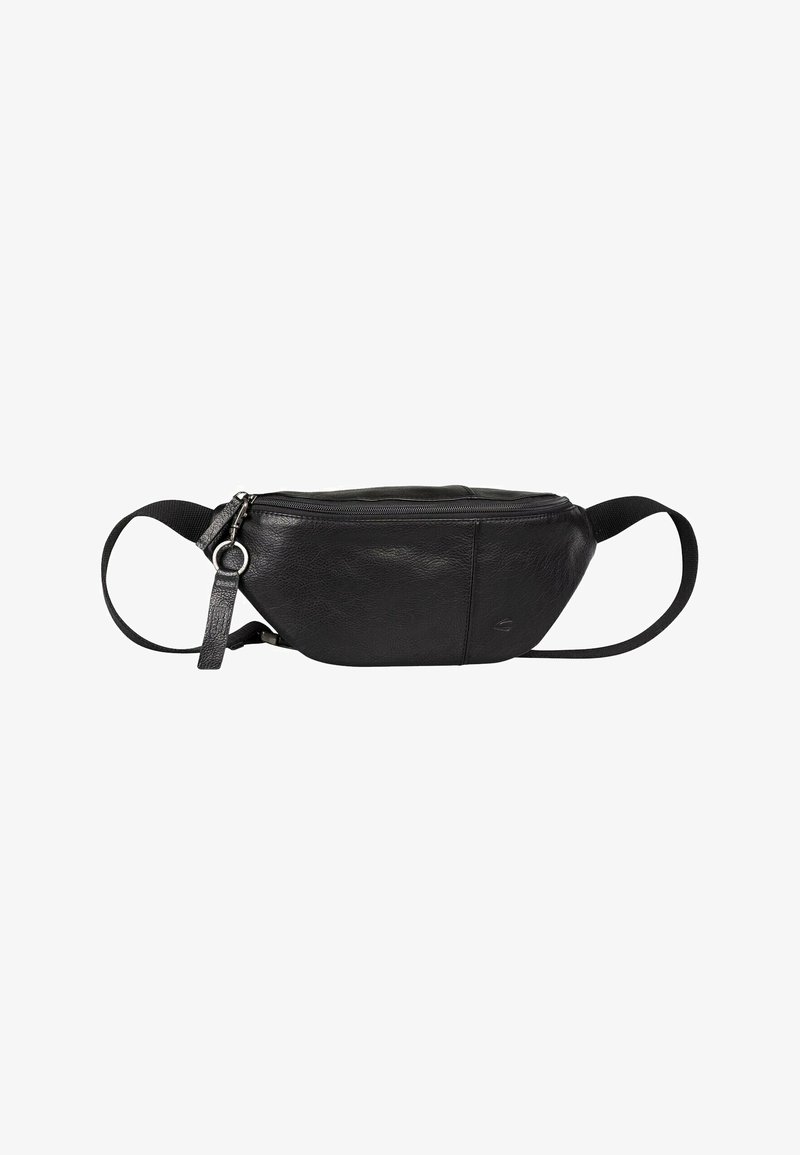 Marsupio in pelle nera con una texture liscia, forma curvata, chiusura con zip e tracolla regolabile, con un piccolo logo su un lato.