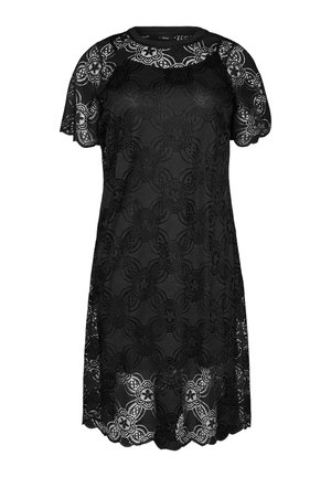 Vestito nero in pizzo a maniche corte con motivi floreali e geometrici, scollo rotondo e orlo smerlato.