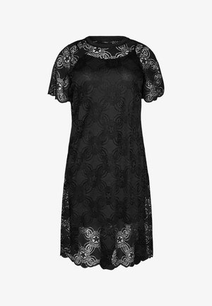 Schwarzes kurzärmliges Spitzenkleid mit floralen und geometrischen Mustern, Rundhalsausschnitt und gezacktem Saum.