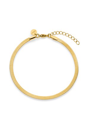 Goldfarbene flache Schlangenkette mit Karabinerverschluss und verstellbarer Verlängerungskette auf weißem Hintergrund.