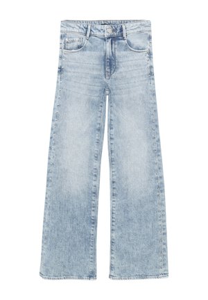 Ljusblå jeans med vida ben, hög midja, frontknapp, fem fickor och små nitar längs utsömmarna på båda benen.