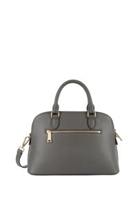 Borsa a tracolla grigia con texture, dotata di hardware oro, doppie maniglie superiori e tasca frontale con zip. Include una tracolla staccabile per maggiore versatilità.