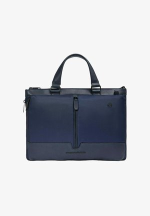 Borsa per laptop blu navy con corpo in tessuto testurizzato, dettagli in pelle, doppi manici superiori e tasca frontale con zip. Logo posizionato nella parte inferiore.