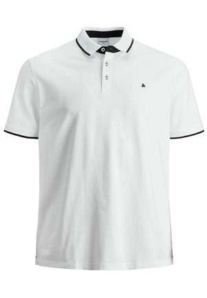 Valge puuvillane polo särk, millel on must kaelus ja varrukate aktsendid, kolme nupuga värv ja peen brändi logo tikkimine.