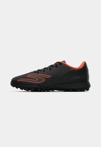 Black synthetic sports shoe with textured surface, orange accents, and rubber outsole. Features rounded toe and lace closure.