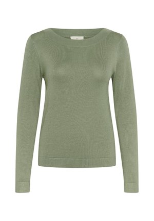 Maglione a maniche lunghe in morbido tessuto a maglia verde chiaro con scollo ampio e polsini e orlo a coste. Texture liscia senza motivi.