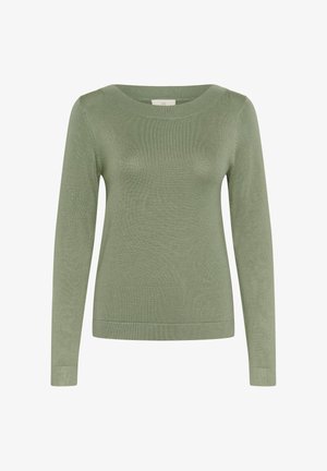 Maglione a maniche lunghe in morbido tessuto a maglia verde chiaro con scollo ampio e polsini e orlo a coste. Texture liscia senza motivi.