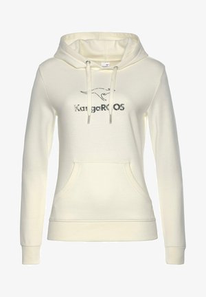Cremefarbener Kapuzenpullover aus weichem Stoff, mit einem Känguru-Logo in silbernem Glitzer, einer vorderen Kängurutasche sowie gerippten Bündchen und Saum.