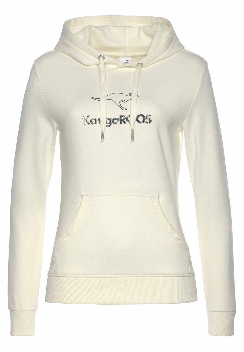 Cremefarbener Kapuzenpullover aus weichem Stoff, mit einem Känguru-Logo in silbernem Glitzer, einer vorderen Kängurutasche sowie gerippten Bündchen und Saum.