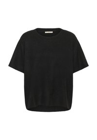 Black short-sleeve sweater made of soft fabric. Features a round neckline and a loose, relaxed fit. Plain design without patterns or accents.