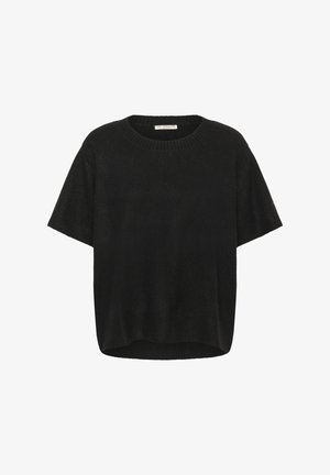 Fekete, rövid ujjú pulóver, puha anyagból készült. Kerek nyakkivágással és laza, kényelmes illeszkedéssel rendelkezik. Egyszerű, mintás vagy díszítés nélküli design.