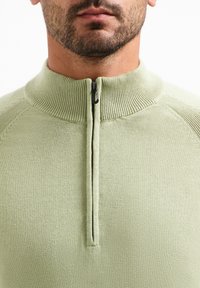 Lichtgroene pullover met een hoge kraag, voorzien van een halve ritssluiting. Getextureerde gebreide stof met geribbelde accenten rond de hals.