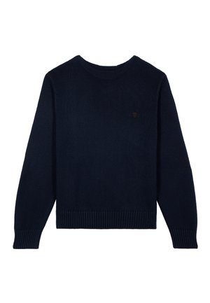 Maglione lavorato a maglia blu navy con scollatura rotonda e polsini e orlo a costine. Presenta un piccolo logo sul lato frontale.