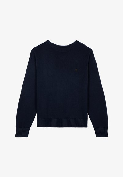 Maglione lavorato a maglia blu navy con scollatura rotonda e polsini e orlo a costine. Presenta un piccolo logo sul lato frontale.