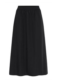 Fekete midi szoknya rugalmas derékkal, laza szabással és egyszerű dizájnnal, alkalmas mindennapi és formális viseletre.