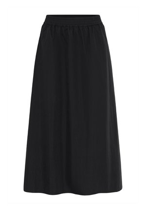 Čierna midi sukňa s elastickým pásom, voľný strih a jednoduchý dizajn, vhodná na neformálne aj formálne nosenie.