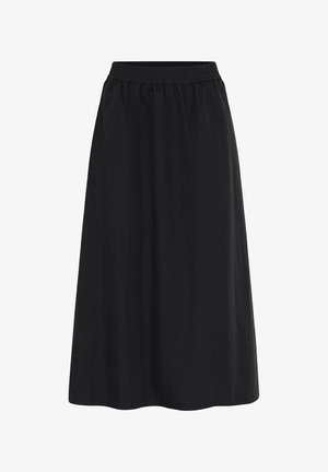 Čierna midi sukňa s elastickým pásom, voľný strih a jednoduchý dizajn, vhodná na neformálne aj formálne nosenie.