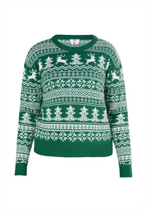 Grüner Strickpullover mit weißen festlichen Mustern von Rentieren, Bäumen und Schneeflocken, Rundhalsausschnitt sowie gerippten Bündchen und Saum.