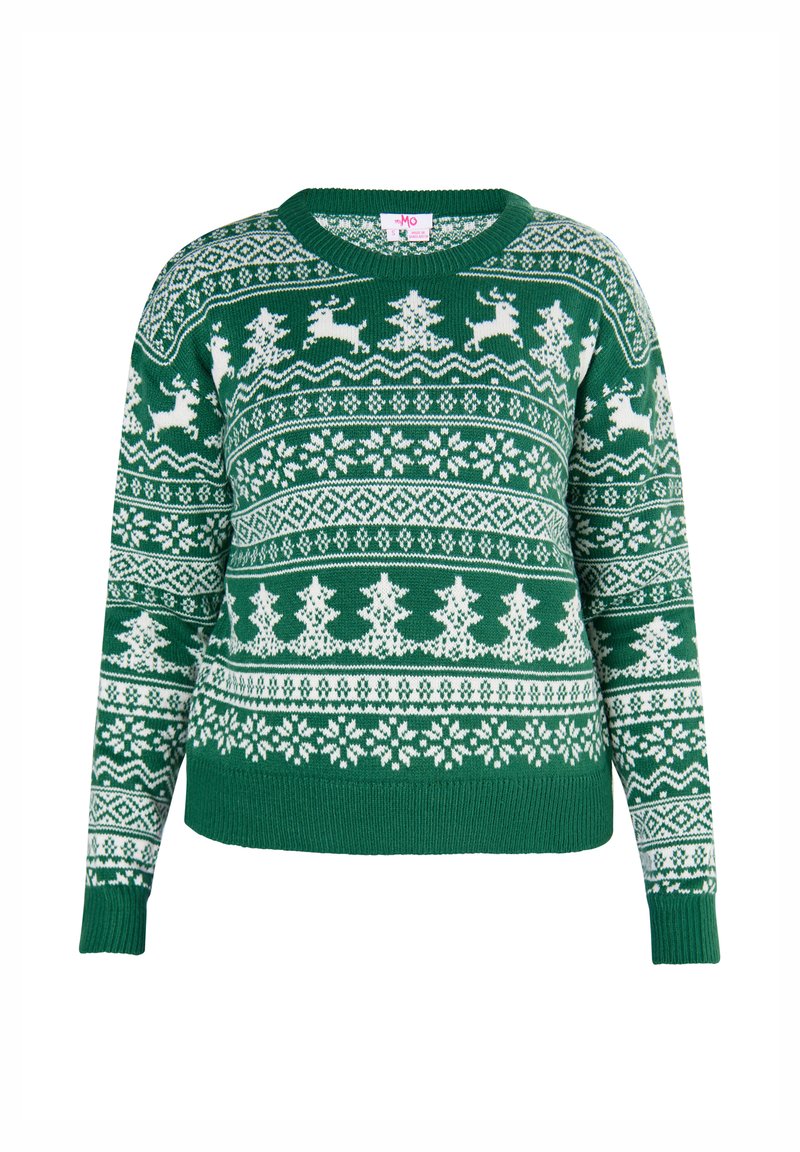Maglione verde lavorato a maglia con motivi festivi bianchi di renne, alberi e fiocchi di neve, scollo rotondo e polsini e orlo a coste.