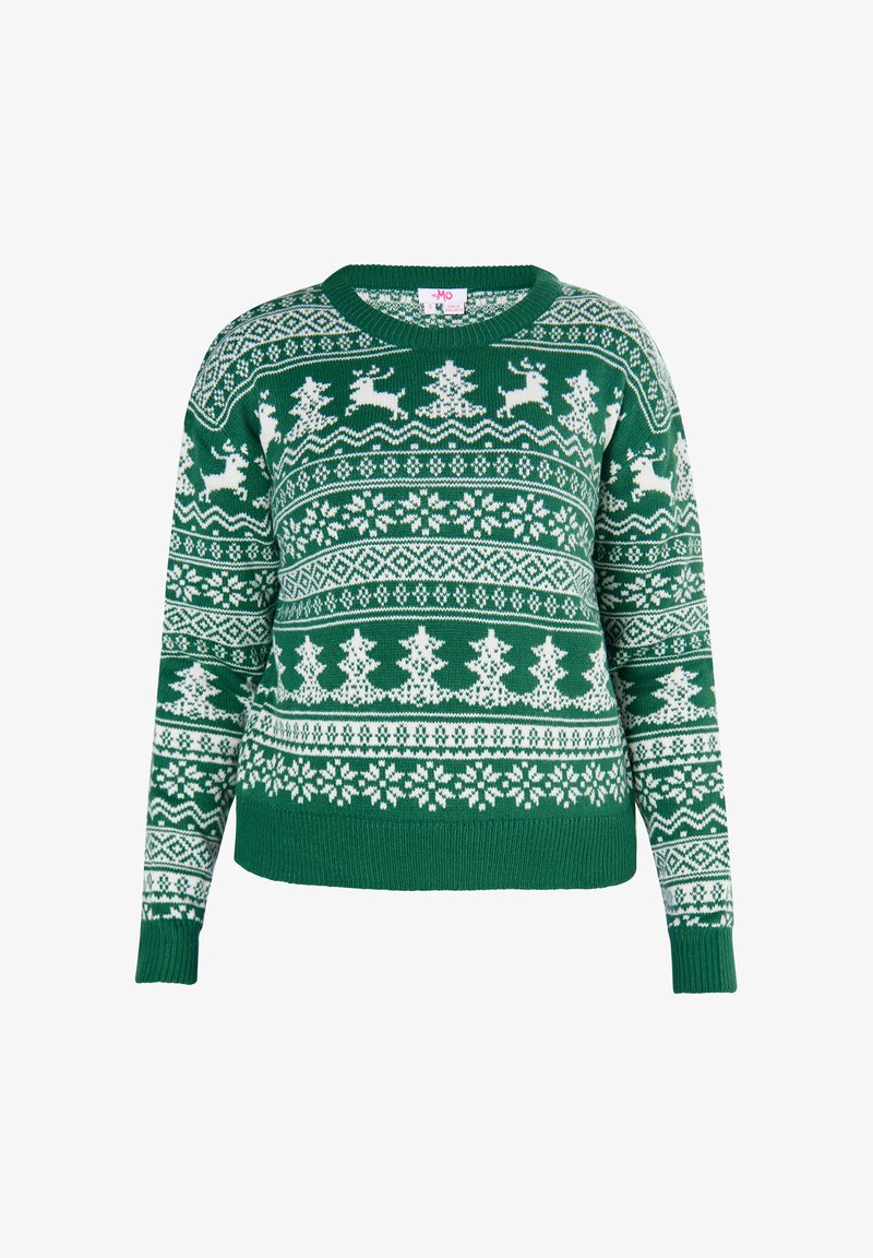 Grüner Strickpullover mit weißen festlichen Mustern von Rentieren, Bäumen und Schneeflocken, Rundhalsausschnitt sowie gerippten Bündchen und Saum.