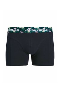 Męskie bokserki w ciemnogranatowym materiale z zielonym paskiem w talii ozdobionym kwiatowym wzorem i różowymi flamingami, zaprojektowane z myślą o komforcie.