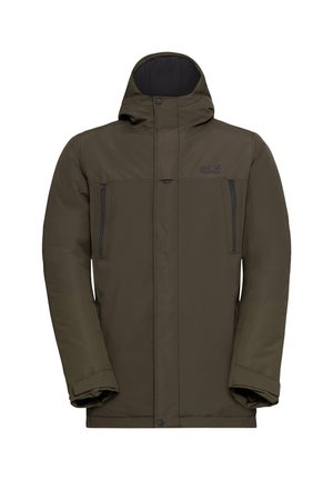 Olive green waterproof jacket with a zippered front, adjustable hood, two zippered chest pockets, and elasticated cuffs.