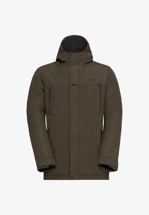 Olive green waterproof jacket with a zippered front, adjustable hood, two zippered chest pockets, and elasticated cuffs.