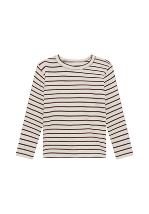 Long-sleeve cream shirt with thin horizontal brown stripes and a round neckline, laid flat on a white background.