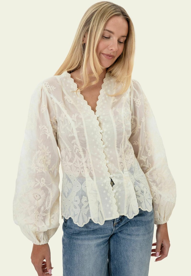 Femme portant un chemisier en dentelle blanche avec de longues manches bouffantes et des bords festonnés, associé à un jean en denim bleu, debout devant un fond uni.
