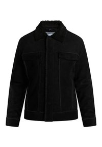 Schwarze Wildlederjacke mit einem strukturierten Lammfellkragen, vorderen Taschen und sichtbaren Stichdetails. Hat eine lockere Passform und aufgekrempelte Ärmel.