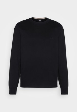 Dunkelblaues Sweatshirt aus weichem Strickmaterial, mit Rundhalsausschnitt und langen Ärmeln. Dezentes Logo-Detail auf der Brust. Minimalistisches Design.