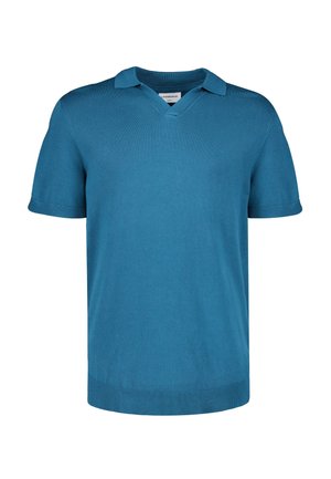 Blaues kurzärmeliges Strick-Poloshirt mit V-Ausschnitt und kleinem Kragen, dargestellt vor weißem Hintergrund.