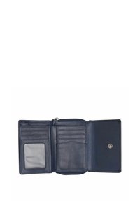 Portafoglio in pelle blu navy con scomparto con cerniera, slot per documento d'identità, svariati slot per carte e un interno liscio e testurizzato.