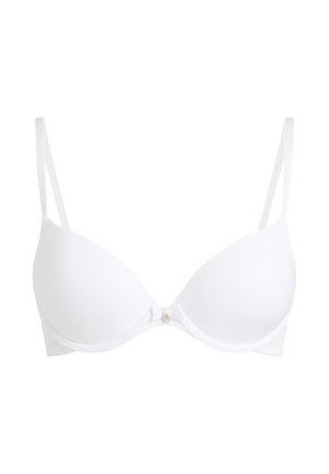 White padded underwire bra with adjustable thin straps and small metallic charm at center front.