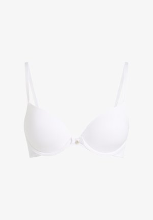 White padded underwire bra with adjustable thin straps and small metallic charm at center front.