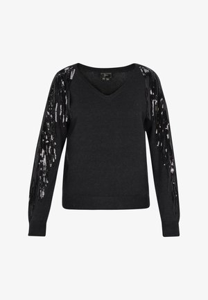 Černý svetr s výstřihem do V a dlouhými rukávy, zdobený třásněmi a flitry na ramenou, vyrobený z měkkého pleteného materiálu.