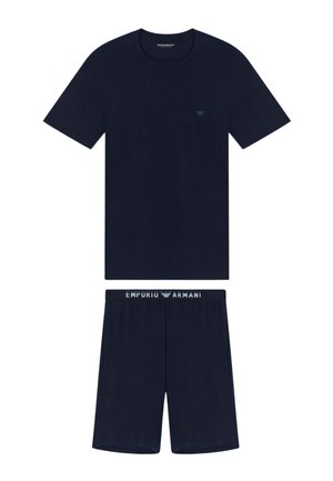 T-shirt blu navy a maniche corte e pantaloncini abbinati con logo Emporio Armani sul petto e in vita.