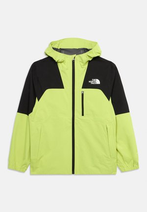 Jachetă cu glugă galben-verde și negru, cu fermoar frontal, buzunar la piept, buzunare laterale și logo The North Face pe piept.