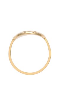 Guldtonet metal armbånd med et glat, bøjet design. Har en poleret finish og subtile hævede detaljer for tekstur.