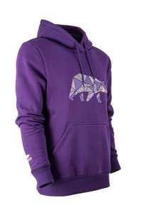 Felpa viola realizzata in morbido tessuto, con una grafica geometrica di un orso in bianco e grigio. Include una tasca frontale e polsini a coste.