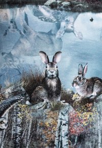 Tyg med två kaniner bland stenar, gräs och höstlöv. Färgerna inkluderar grått, brunt och dämpat blått. Detaljer av björkar ingår.