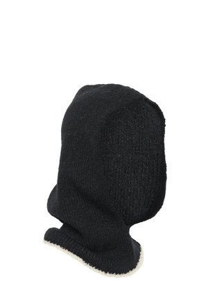 Black knitted balaclava with a textured finish and a beige trim along the edge. It covers the head and neck area fully.