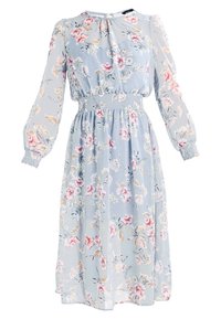 Světle modré midi šaty s dlouhým rukávem a květinovým vzorem v růžové a smetanové barvě, se zašitým pasem a manžetami, a kulatým výstřihem s nařasením.