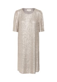 Helles taupefarbenes Kleid, das mit Pailletten bedeckt ist. Es hat einen runden Ausschnitt und kurze Ärmel, hat eine lockere Passform und eine glänzende Textur.