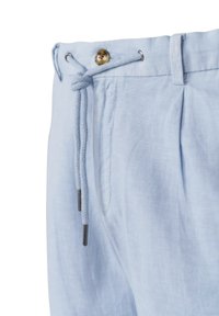 Light blue linen shorts with a drawstring waist, featuring a metal button and subtle pleats. Smooth texture with a casual design.