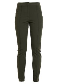 Zelené šité kalhoty s hladkou texturou, slim-fit střihem a předními švy. Mají vysoký pas a žádné viditelné kapsy.