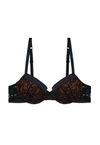 Soutien-gorge noir avec des détails en dentelle orange et en tissu lisse. Comprend des armatures, des bretelles réglables et une fermeture à crochets et œillets à l'arrière.